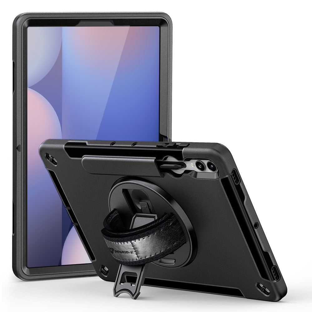 ARMOR-X Samsung Galaxy Tab S10+ S10 Plus SM-X820 / X826B shockproof case, impact protection cover with hand strap and kick stand. One-handed design for your workplace.