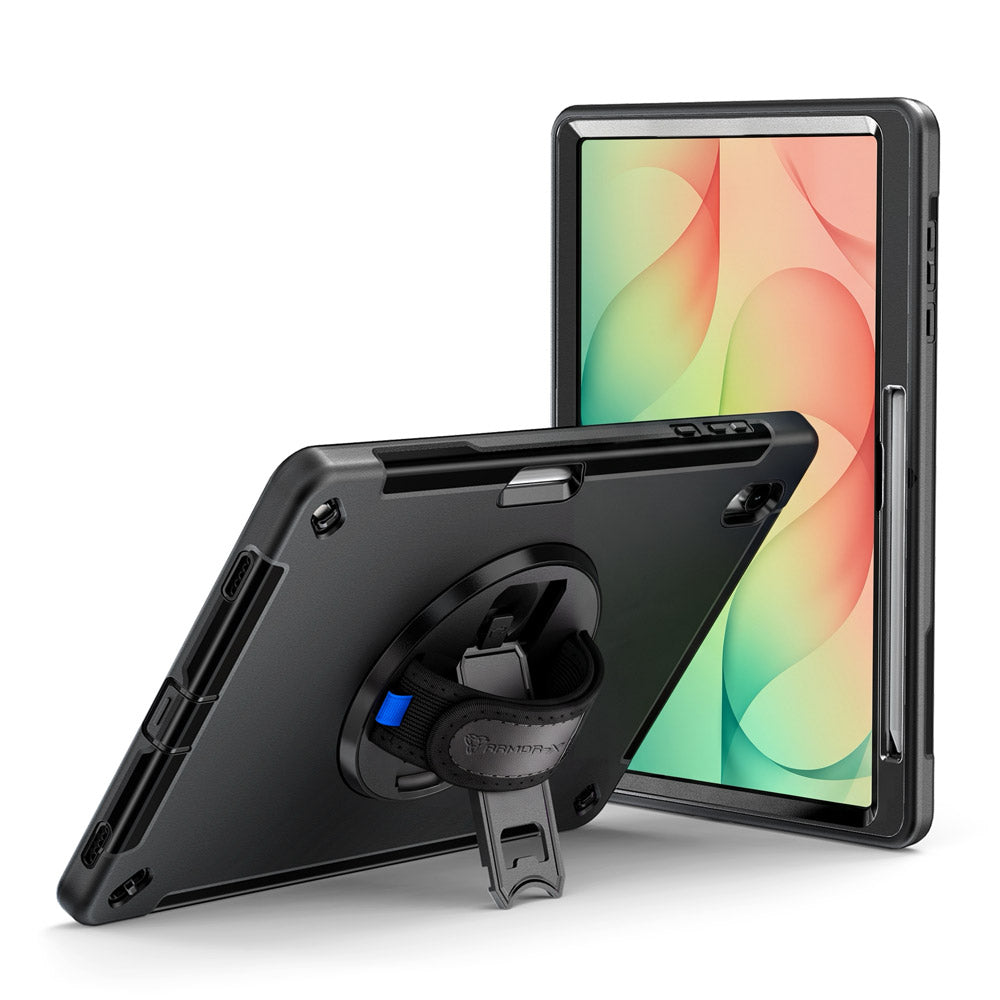ARMOR-X Samsung Galaxy Tab S12+ S12 Plus SM-X840 / X846 shockproof case, impact protection cover with hand strap and kick stand. One-handed design for your workplace.