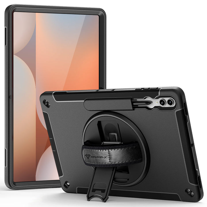 ARMOR-X Samsung Galaxy Tab S10 Ultra SM-X920 / X926B shockproof case, impact protection cover with hand strap and kick stand. One-handed design for your workplace.