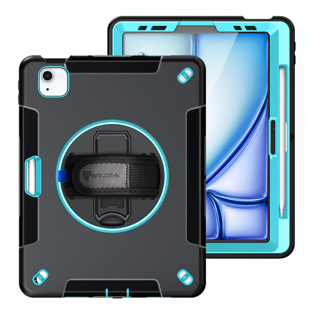 ARMOR-X iPad Air 11 ( M2 ) shockproof case, impact protection cover with hand strap and kick stand. One-handed design for your workplace.