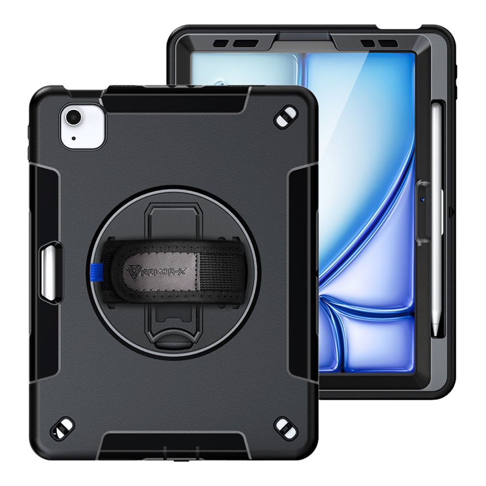 ARMOR-X iPad Air 11 ( M2 ) shockproof case, impact protection cover with hand strap and kick stand. One-handed design for your workplace.