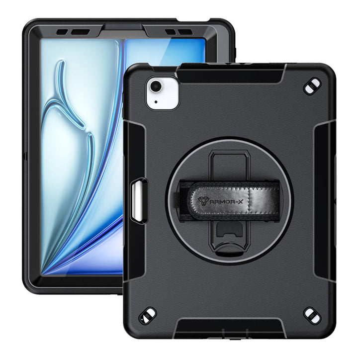 ARMOR-X iPad Air 11 ( M2 ) shockproof case, impact protection cover with hand strap and kick stand. One-handed design for your workplace.