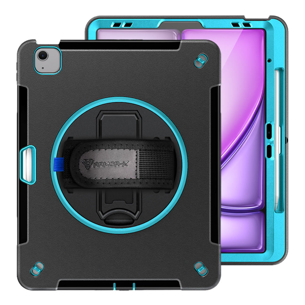 ARMOR-X iPad Air 13 ( M2 ) shockproof case, impact protection cover with hand strap and kick stand. One-handed design for your workplace.