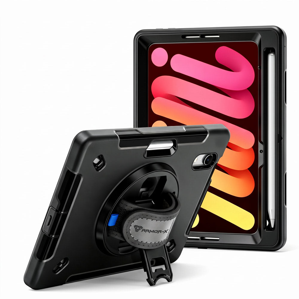 RIN-iPad-M8 | iPad mini 8 | Rainproof military grade rugged case with hand strap and kick-stand