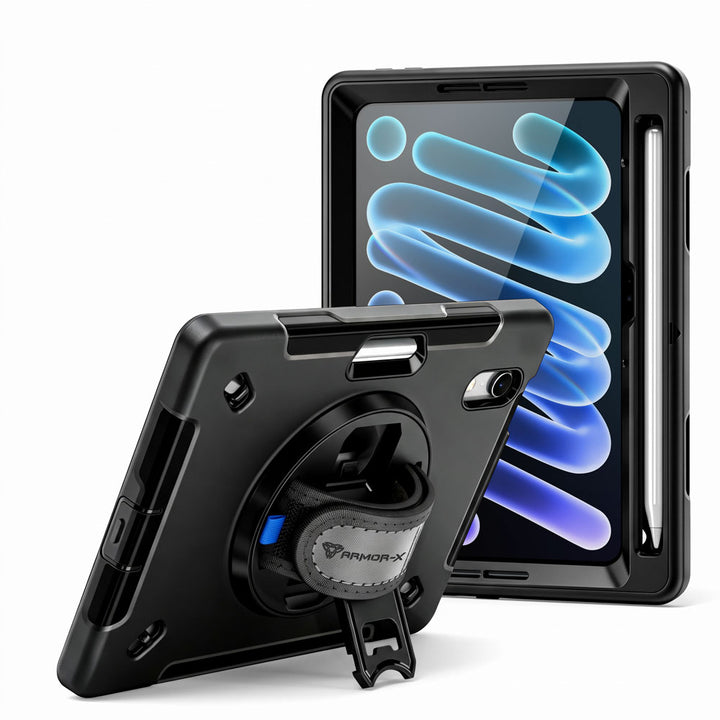 ARMOR-X iPad mini (A20 Pro) shockproof case, impact protection cover with hand strap and kick stand. One-handed design for your workplace.