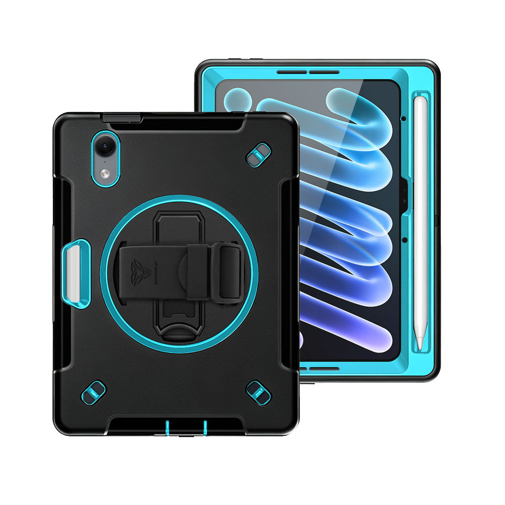 RIN-iPad-M8 | iPad mini (A20 Pro) | Rainproof military grade rugged case with hand strap and kick-stand