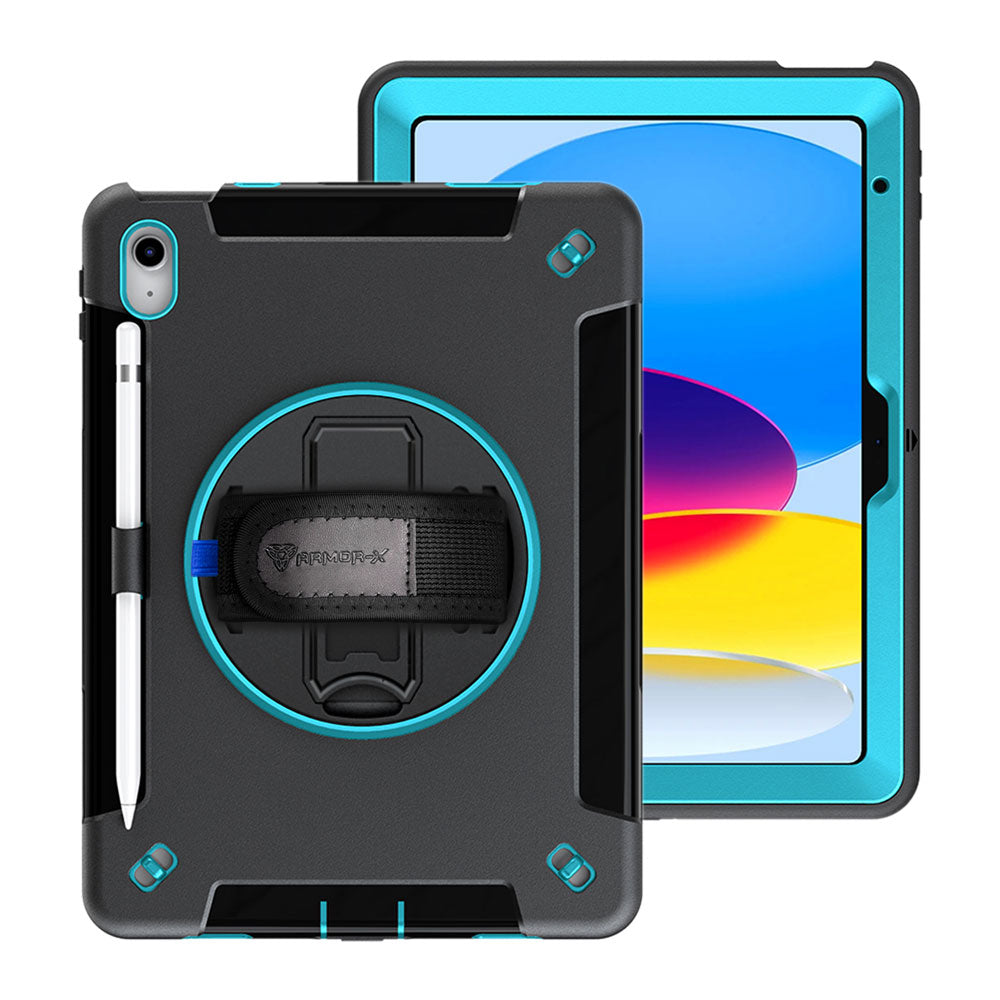 RIN-iPad-N5 | iPad 10.9 (10th Gen.) | Rainproof military grade rugged case with hand strap and kick-stand