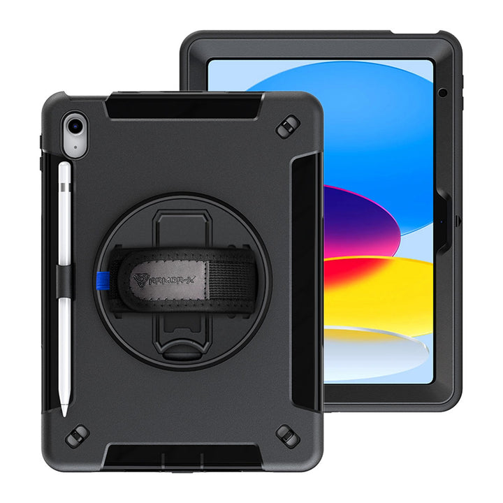 RIN-iPad-N5 | iPad 10.9 (10th Gen.) | Rainproof military grade rugged case with hand strap and kick-stand