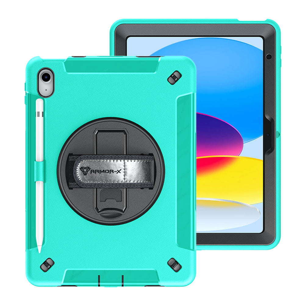 RIN-iPad-N5 | iPad 10.9 (10th Gen.) | Rainproof military grade rugged case with hand strap and kick-stand