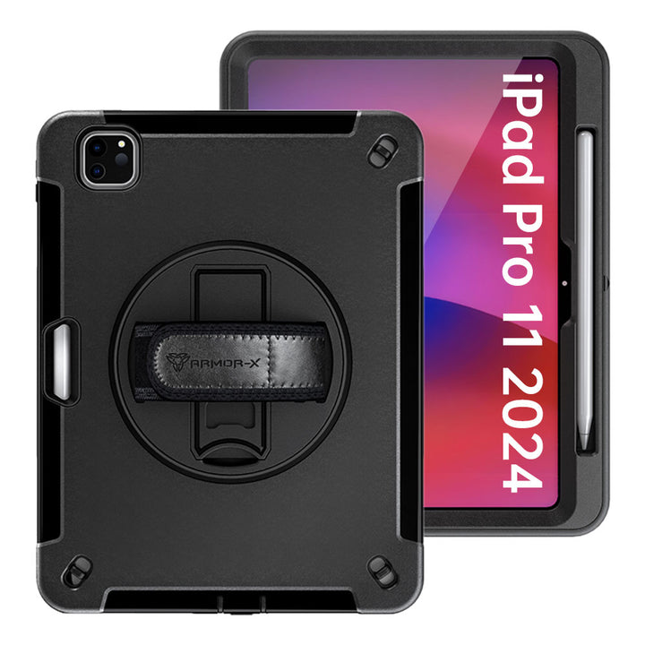 ARMOR-X iPad Pro 11 ( 5th Gen. ) 2024 shockproof case, impact protection cover with hand strap and kick stand. One-handed design for your workplace.