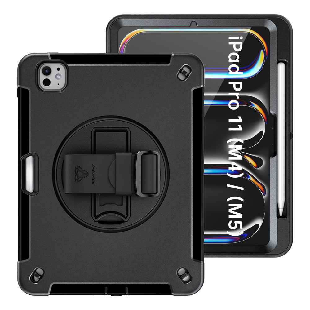 ARMOR-X iPad Pro 11 (M4) / (M5) Healthcare-ready medical-grade rugged case with disinfection-ready construction, MIL-STD-810H drop resistance, rainproof design, silicone hand strap, and kickstand.