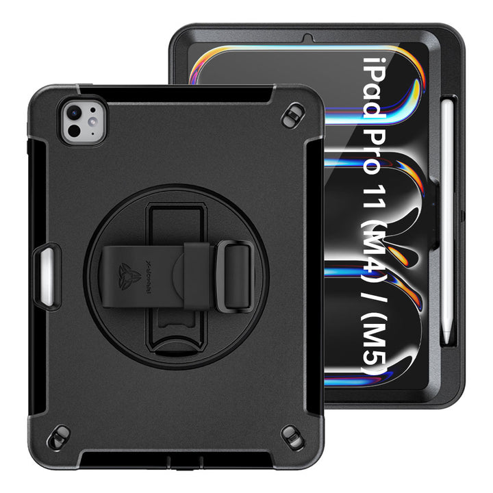 ARMOR-X iPad Pro 11 (M4) / (M5) Healthcare-ready medical-grade rugged case with disinfection-ready construction, MIL-STD-810H drop resistance, rainproof design, silicone hand strap, and kickstand.