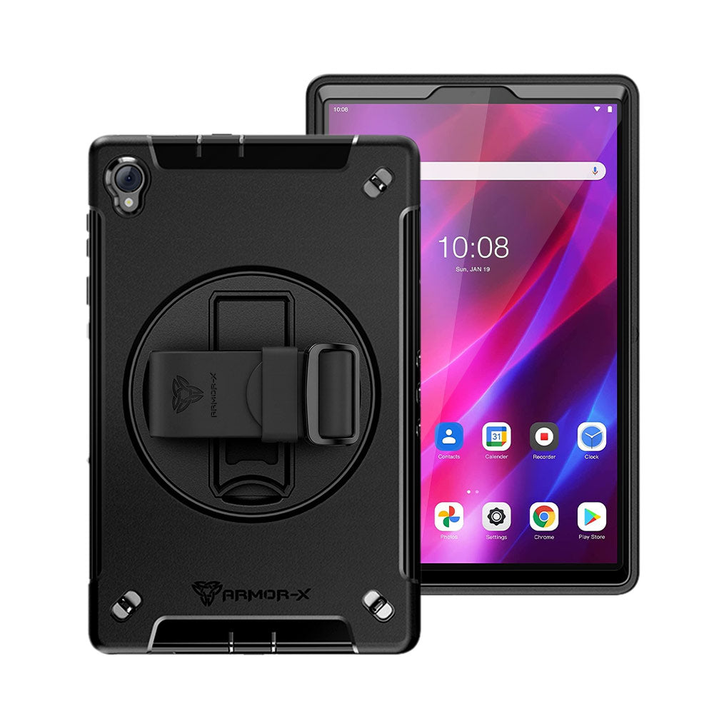 ARMOR-X Lenovo Tab K10 ( TB-X6C6F/X/L TB-X6C6NBF/X/L ) Healthcare-ready medical-grade rugged case with disinfection-ready construction, MIL-STD-810H drop resistance, rainproof design, silicone hand strap, and kickstand.