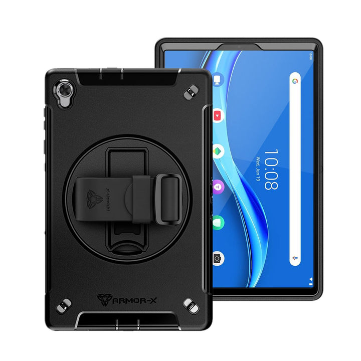 ARMOR-X Lenovo Tab M10 Plus TB-X606 Healthcare-ready medical-grade rugged case with disinfection-ready construction, MIL-STD-810H drop resistance, rainproof design, silicone hand strap, and kickstand.