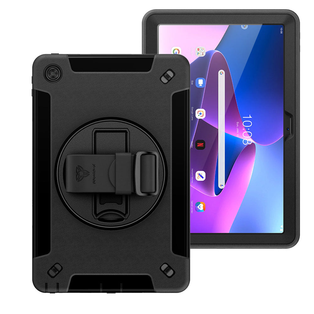 ARMOR-X Lenovo Tab M10 Plus ( Gen3 ) TB125 / TB128 Healthcare-ready medical-grade rugged case with disinfection-ready construction, MIL-STD-810H drop resistance, rainproof design, silicone hand strap, and kickstand.