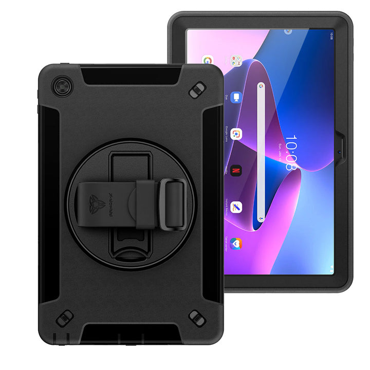 ARMOR-X Lenovo Tab M10 Plus ( Gen3 ) TB125 / TB128 Healthcare-ready medical-grade rugged case with disinfection-ready construction, MIL-STD-810H drop resistance, rainproof design, silicone hand strap, and kickstand.