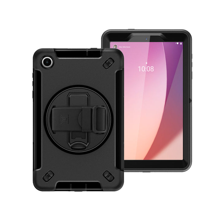 ARMOR-X Lenovo Tab M8 (4th Gen) 2024 TB301 / TB300 Healthcare-ready medical-grade rugged case with disinfection-ready construction, MIL-STD-810H drop resistance, rainproof design, silicone hand strap, and kickstand.