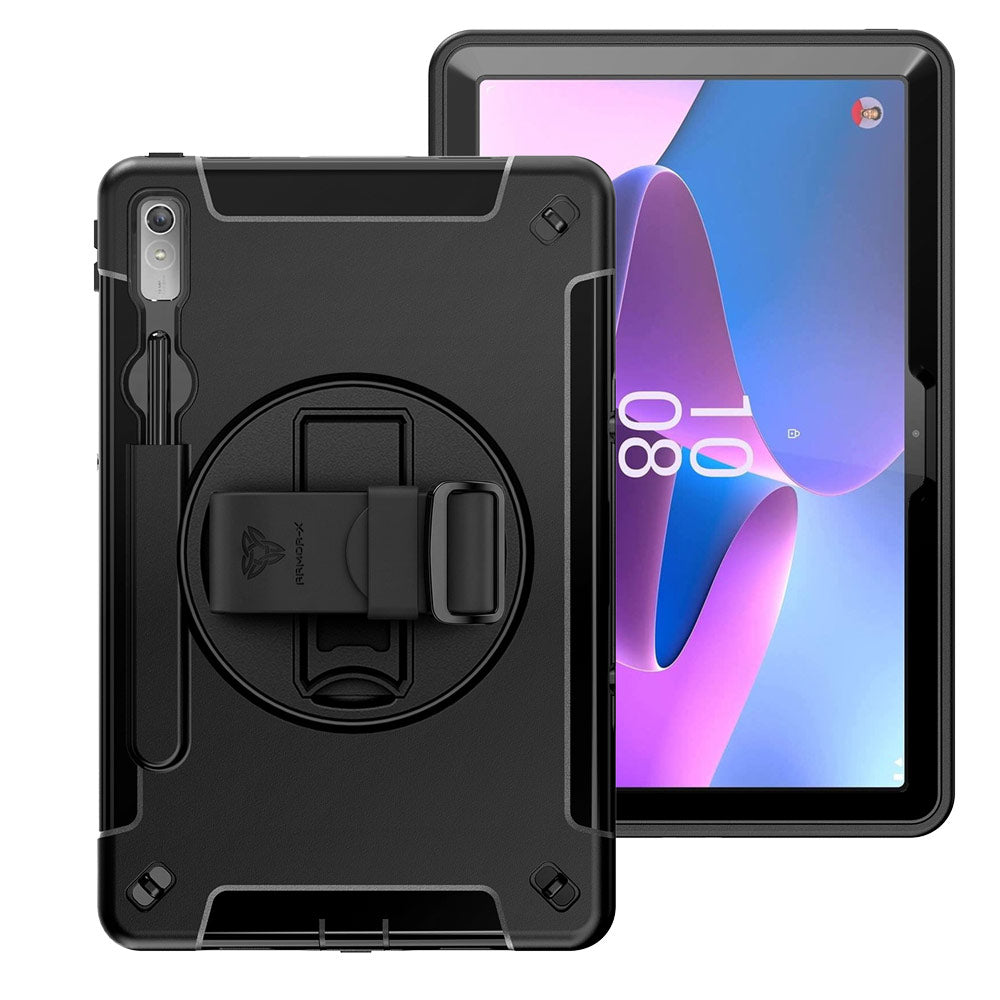 ARMOR-X Lenovo Tab P11 Pro Gen 2 TB132FU Healthcare-ready medical-grade rugged case with disinfection-ready construction, MIL-STD-810H drop resistance, rainproof design, silicone hand strap, and kickstand.
