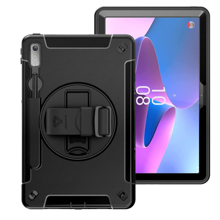 ARMOR-X Lenovo Tab P11 Pro Gen 2 TB132FU Healthcare-ready medical-grade rugged case with disinfection-ready construction, MIL-STD-810H drop resistance, rainproof design, silicone hand strap, and kickstand.