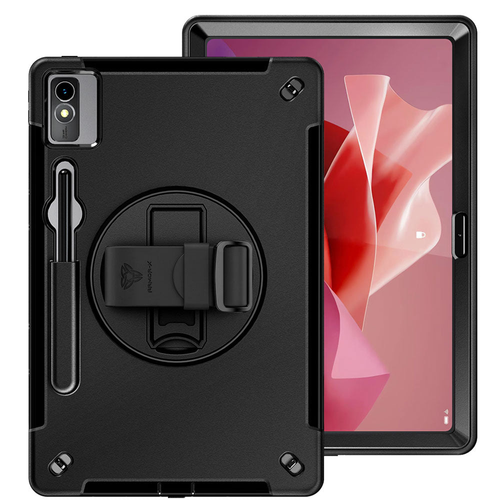 ARMOR-X Lenovo Tab P12 TB370 Healthcare-ready medical-grade rugged case with disinfection-ready construction, MIL-STD-810H drop resistance, rainproof design, silicone hand strap, and kickstand.