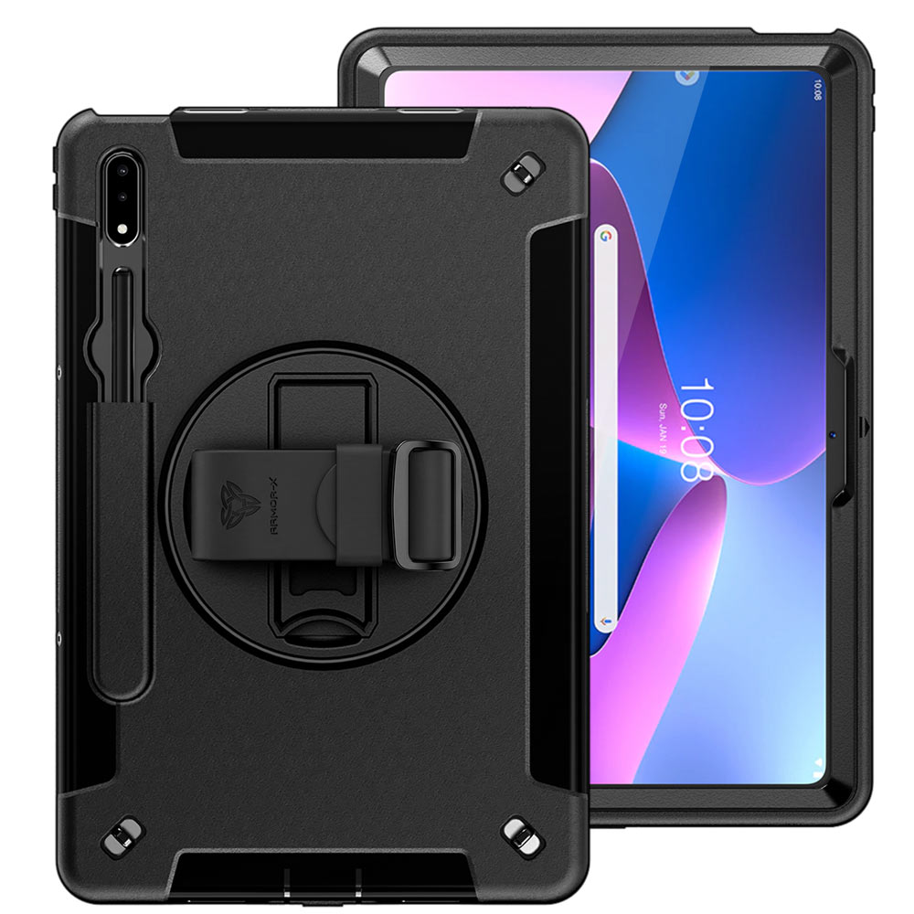 ARMOR-X Lenovo Tab P12 Pro TB-Q706F Healthcare-ready medical-grade rugged case with disinfection-ready construction, MIL-STD-810H drop resistance, rainproof design, silicone hand strap, and kickstand.