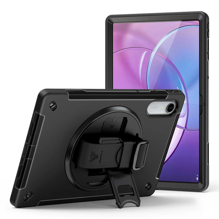 ARMOR-X Lenovo Idea Tab Pro (Gen 2) TB390 Healthcare-ready medical-grade rugged case with disinfection-ready construction, MIL-STD-810H drop resistance, rainproof design, silicone hand strap, and kickstand.