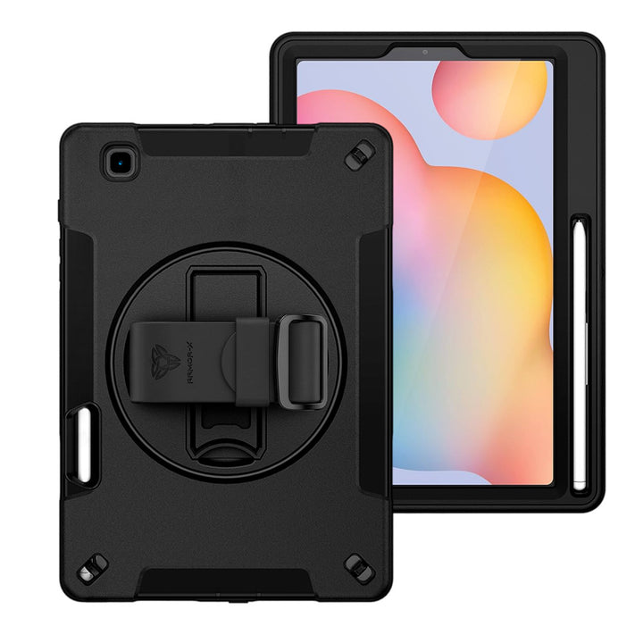ARMOR-X Samsung Galaxy Tab S6 Lite SM-P620 P625 (2024) / SM-P613 P619 (2022) / SM-P610 P615 (2020) Healthcare-ready medical-grade rugged case with disinfection-ready construction, MIL-STD-810H drop resistance, rainproof design, silicone hand strap, and kickstand.