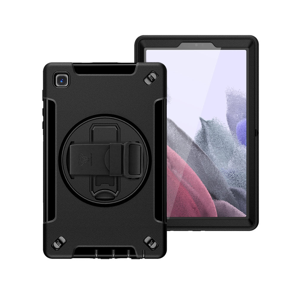 ARMOR-X Samsung Galaxy Tab A7 Lite SM-T225 / SM-T220 / SM-T225N / SM-T227U Healthcare-ready medical-grade rugged case with disinfection-ready construction, MIL-STD-810H drop resistance, rainproof design, silicone hand strap, and kickstand.