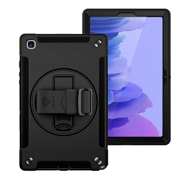 ARMOR-X Samsung Galaxy Tab A7 10.4 SM-T500 T505 T507 (2020) / A7 10.4 SM-T509 (2022) Healthcare-ready medical-grade rugged case with disinfection-ready construction, MIL-STD-810H drop resistance, rainproof design, silicone hand strap, and kickstand.