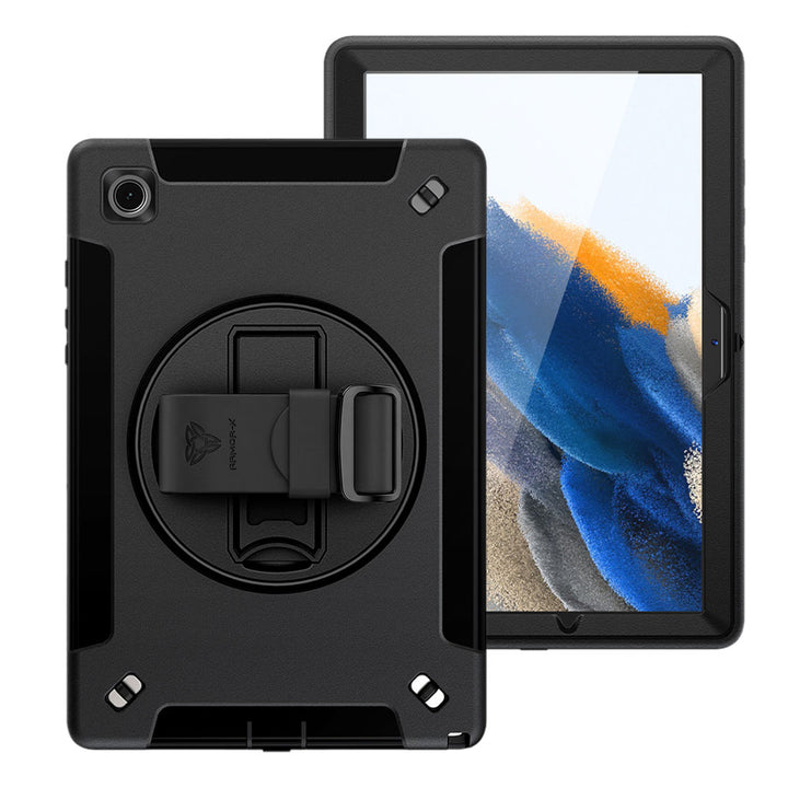 ARMOR-X Samsung Galaxy Tab A8 SM-X200 / X205 Healthcare-ready medical-grade rugged case with disinfection-ready construction, MIL-STD-810H drop resistance, rainproof design, silicone hand strap, and kickstand.
