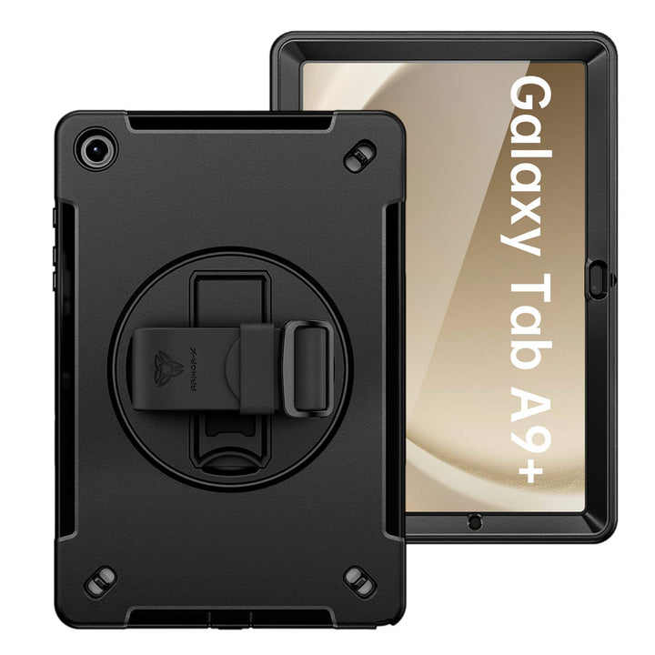ARMOR-X Samsung Galaxy Tab A9+ A9 Plus ( 11" ) SM-X210 / SM-X215 / SM-X216 Healthcare-ready medical-grade rugged case with disinfection-ready construction, MIL-STD-810H drop resistance, rainproof design, silicone hand strap, and kickstand.