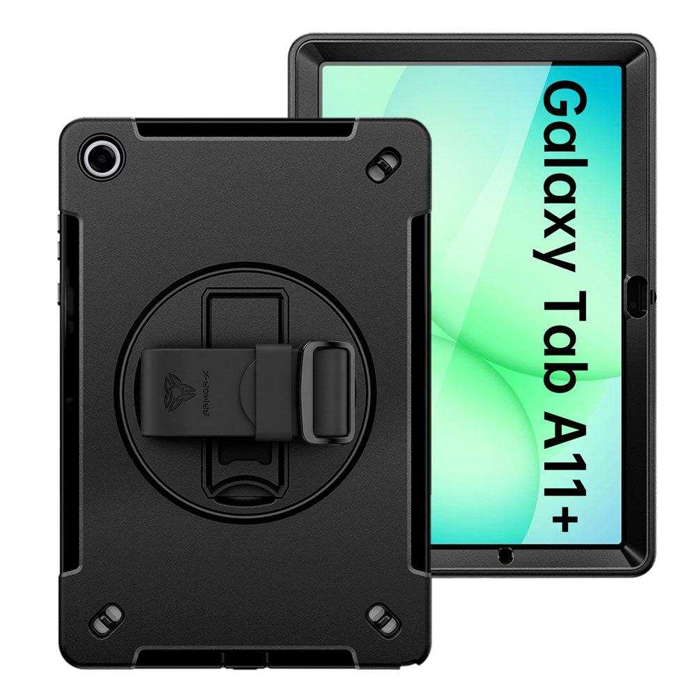 ARMOR-X Samsung Galaxy Tab A11+ A11 Plus ( 11" ) SM-X230 / SM-X235 / SM-X236 / SM-X238 Healthcare-ready medical-grade rugged case with disinfection-ready construction, MIL-STD-810H drop resistance, rainproof design, silicone hand strap, and kickstand.