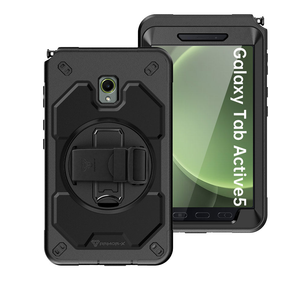 ARMOR-X Samsung Galaxy Tab Active5 (8-inch) SM-X300 SM-X306B SM-X308U / Active3 Healthcare-ready medical-grade rugged case with disinfection-ready construction, MIL-STD-810H drop resistance, rainproof design, silicone hand strap, and kickstand.