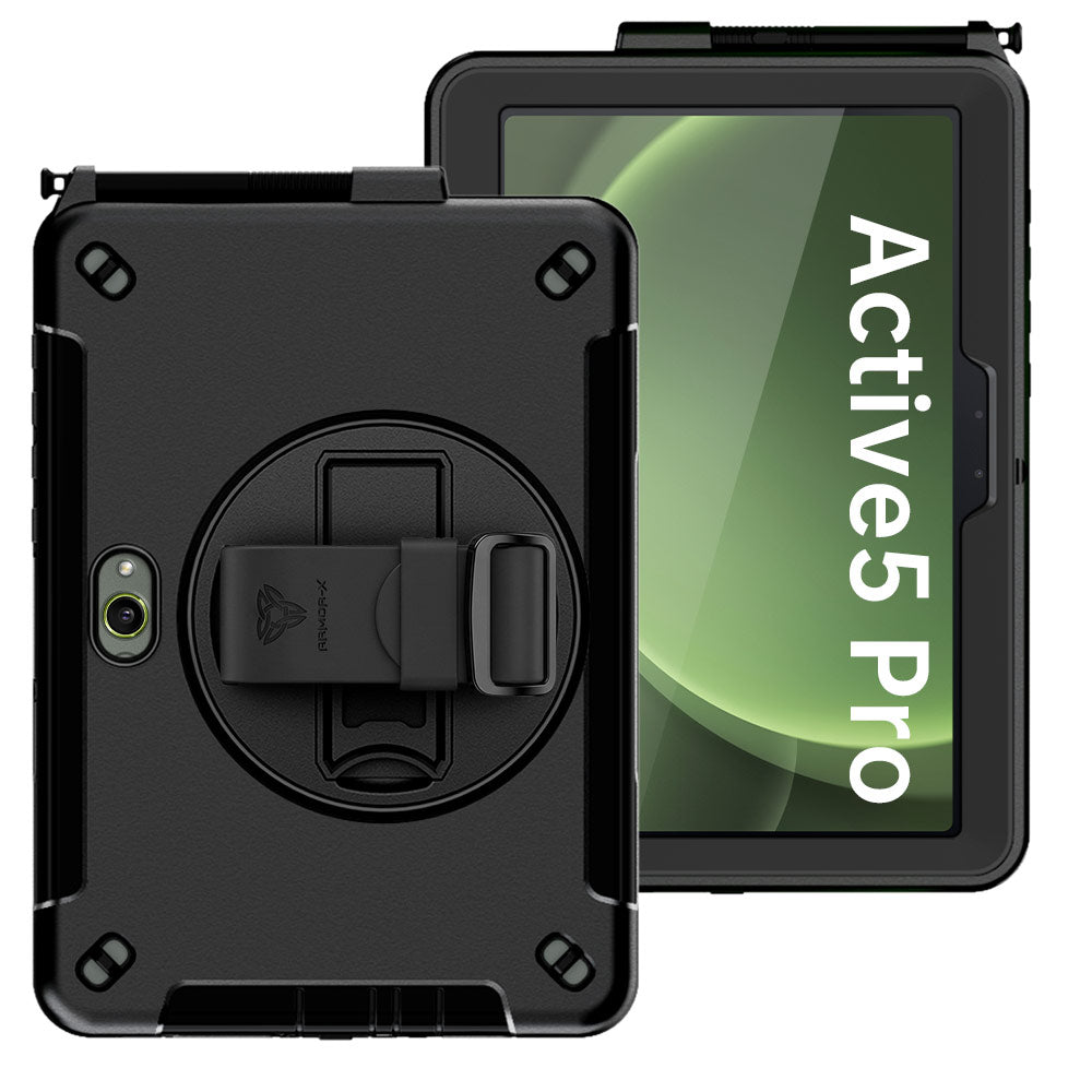 ARMOR-X Samsung Galaxy Tab Active5 Pro (10.1-inch) SM-X350 SM-X356 SM-X358 / Active4 Pro / Active Pro Healthcare-ready medical-grade rugged case with disinfection-ready construction, MIL-STD-810H drop resistance, rainproof design, silicone hand strap, and kickstand.