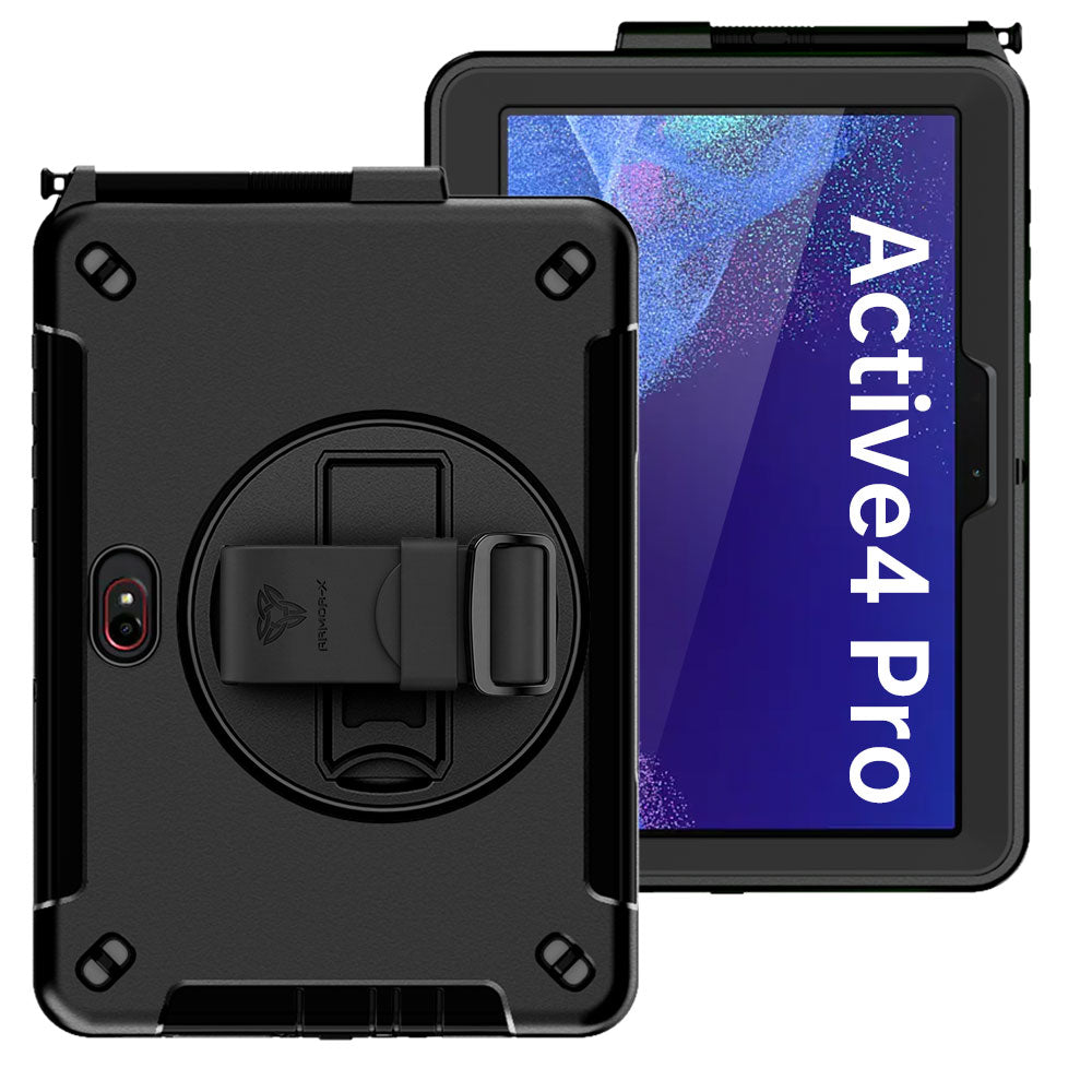 ARMOR-X Samsung Galaxy Tab Active5 Pro (10.1-inch) SM-X350 SM-X356 SM-X358 / Active4 Pro / Active Pro Healthcare-ready medical-grade rugged case with disinfection-ready construction, MIL-STD-810H drop resistance, rainproof design, silicone hand strap, and kickstand.