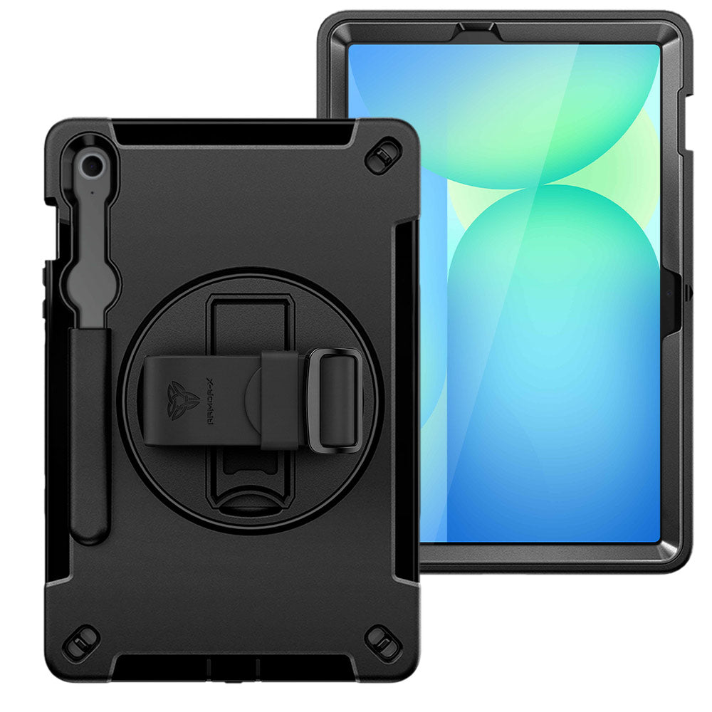 ARMOR-X Samsung Galaxy Tab S10 FE SM-X520 X526 X528 / S10 Lite SM-X400 X406 Healthcare-ready medical-grade rugged case with disinfection-ready construction, MIL-STD-810H drop resistance, rainproof design, silicone hand strap, and kickstand.
