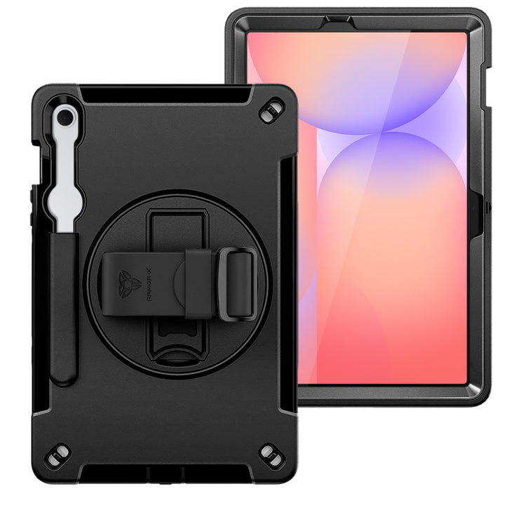ARMOR-X Samsung Galaxy Tab S10 FE SM-X520 X526 X528 / S10 Lite SM-X400 X406 Healthcare-ready medical-grade rugged case with disinfection-ready construction, MIL-STD-810H drop resistance, rainproof design, silicone hand strap, and kickstand.