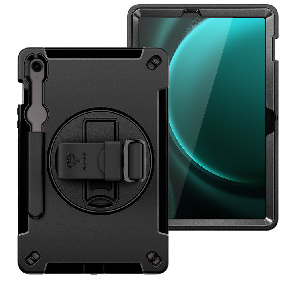 ARMOR-X Samsung Galaxy Tab S9 FE SM-X510 X516 X518 Healthcare-ready medical-grade rugged case with disinfection-ready construction, MIL-STD-810H drop resistance, rainproof design, silicone hand strap, and kickstand.