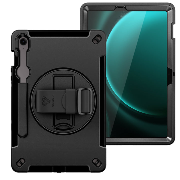 ARMOR-X Samsung Galaxy Tab S9 FE SM-X510 X516 X518 Healthcare-ready medical-grade rugged case with disinfection-ready construction, MIL-STD-810H drop resistance, rainproof design, silicone hand strap, and kickstand.