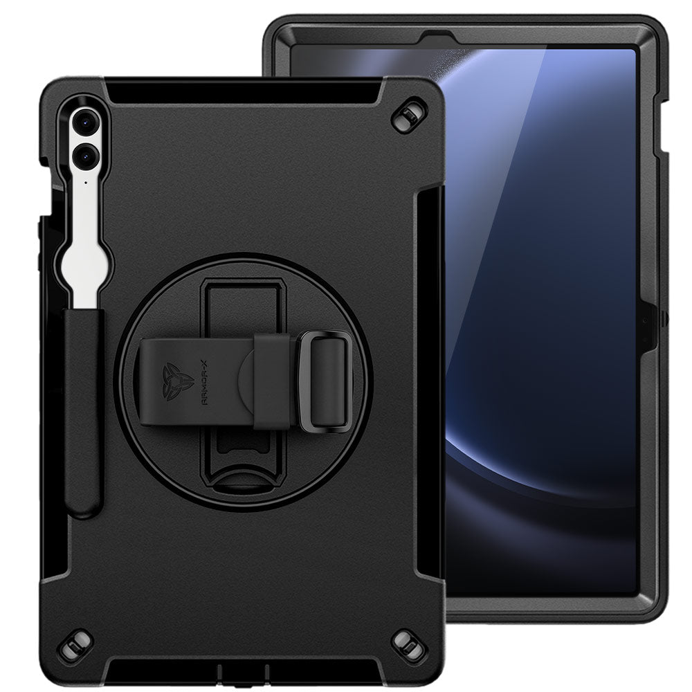 ARMOR-X Samsung Galaxy Tab S9 FE+ S9 FE Plus SM-X610 X616 X618 Healthcare-ready medical-grade rugged case with disinfection-ready construction, MIL-STD-810H drop resistance, rainproof design, silicone hand strap, and kickstand.