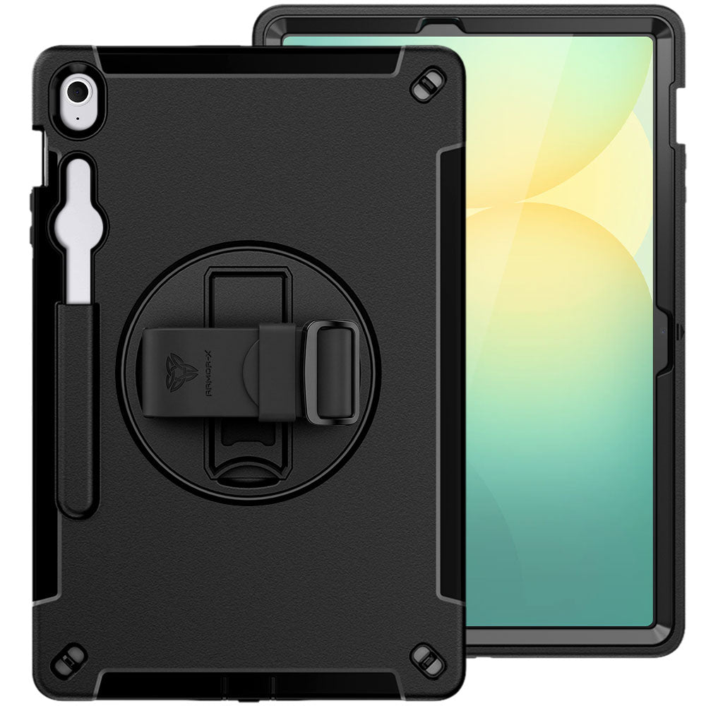 ARMOR-X Samsung Galaxy Tab S10 FE+ S10 FE Plus SM-X620 X626 X628 Healthcare-ready medical-grade rugged case with disinfection-ready construction, MIL-STD-810H drop resistance, rainproof design, silicone hand strap, and kickstand.