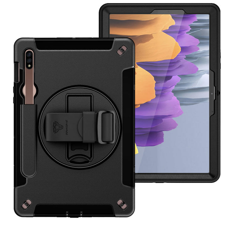 ARMOR-X Samsung Galaxy Tab S8 SM-X700 X706 / S7 Healthcare-ready medical-grade rugged case with disinfection-ready construction, MIL-STD-810H drop resistance, rainproof design, silicone hand strap, and kickstand.