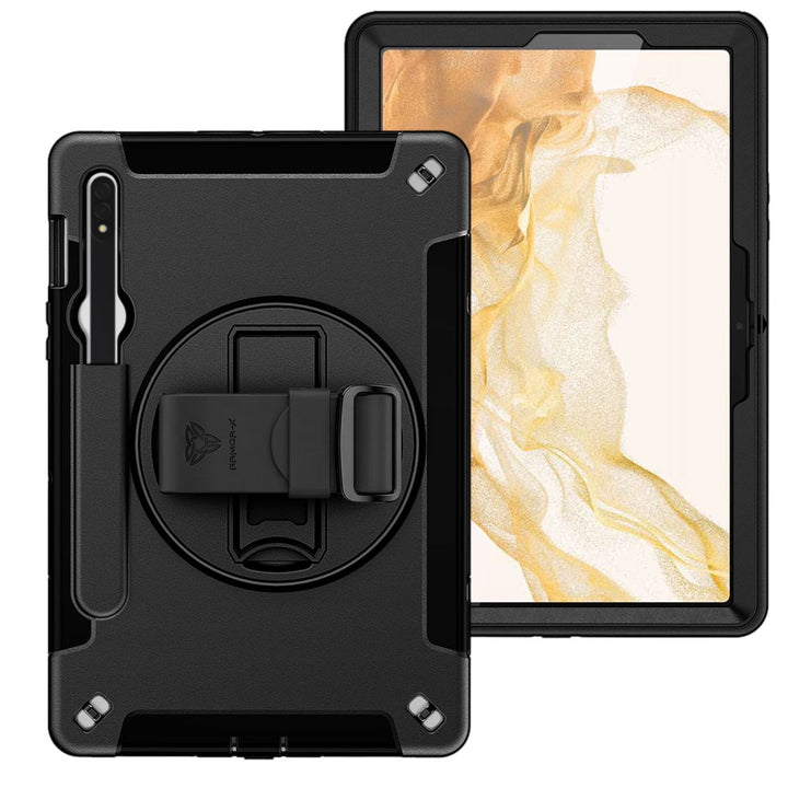 ARMOR-X Samsung Galaxy Tab S8 SM-X700 X706 / S7 Healthcare-ready medical-grade rugged case with disinfection-ready construction, MIL-STD-810H drop resistance, rainproof design, silicone hand strap, and kickstand.