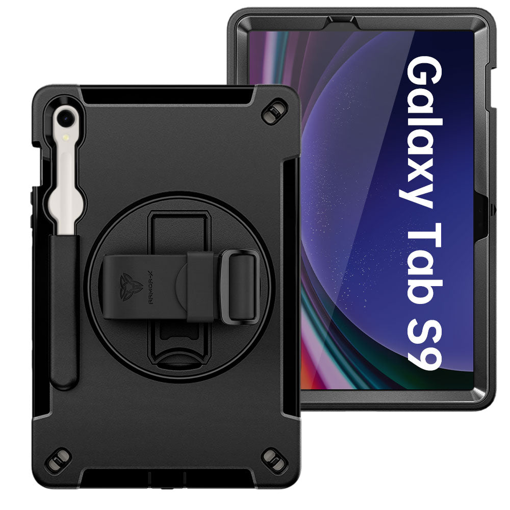 ARMOR-X Samsung Galaxy Tab S9 SM-X710 / X716 / X718 Healthcare-ready medical-grade rugged case with disinfection-ready construction, MIL-STD-810H drop resistance, rainproof design, silicone hand strap, and kickstand.