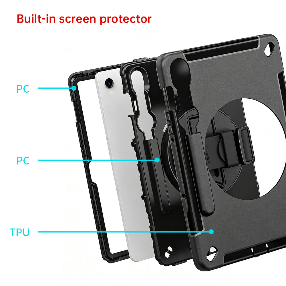 ARMOR-X Samsung Galaxy Tab S9 SM-X710 / X716 / X718 Healthcare-ready medical-grade rugged case. Durable PC, TPU, and silicone support frequent cleaning with common disinfectants.