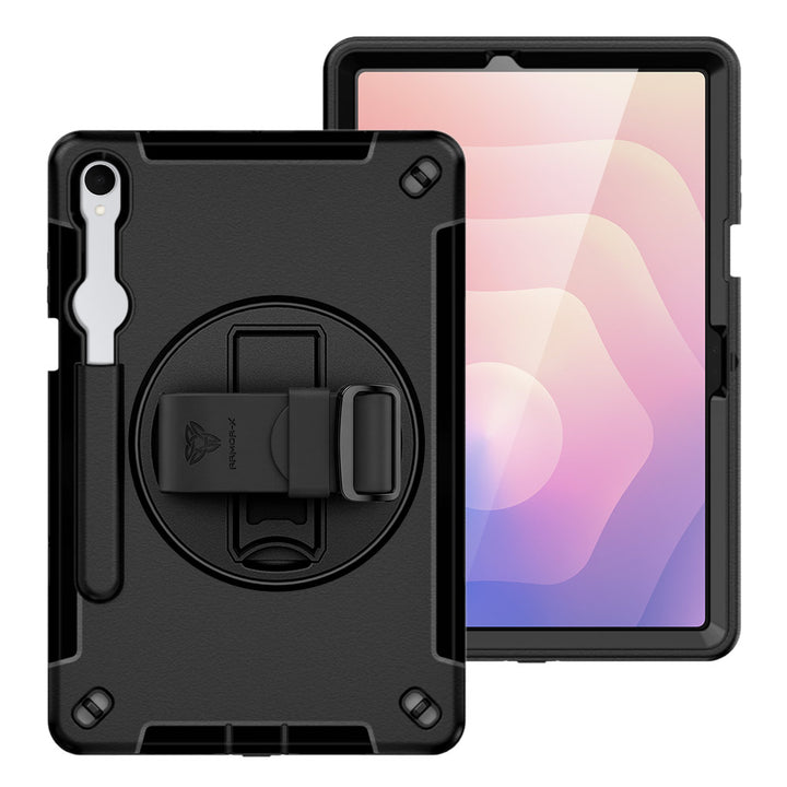 ARMOR-X Samsung Galaxy Tab S11 SM-X730 / X736 / X738 Healthcare-ready medical-grade rugged case with disinfection-ready construction, MIL-STD-810H drop resistance, rainproof design, silicone hand strap, and kickstand.