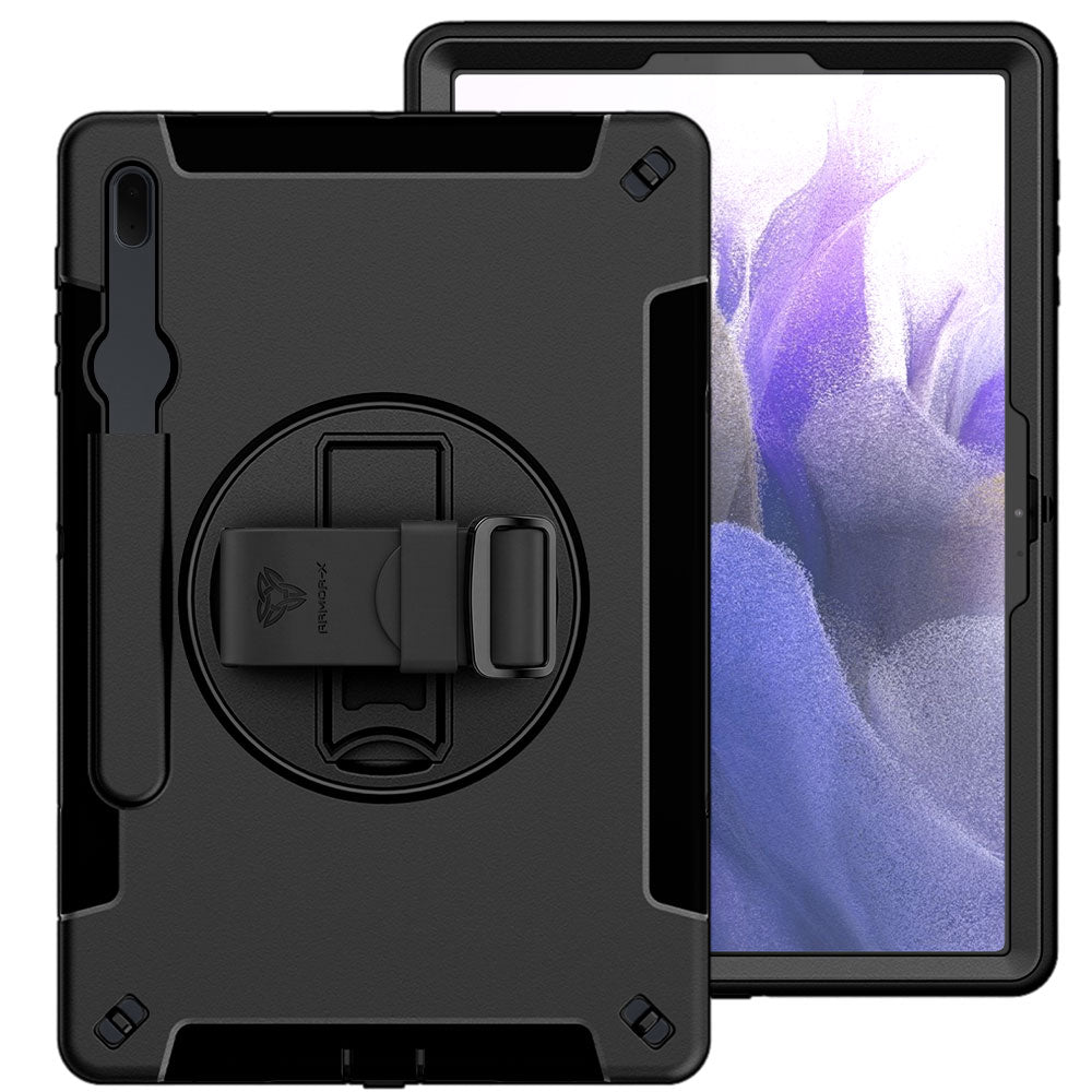 ARMOR-X Samsung Galaxy Tab S8+ S8 Plus SM-X800 X806 / S7+ / S7 FE Healthcare-ready medical-grade rugged case with disinfection-ready construction, MIL-STD-810H drop resistance, rainproof design, silicone hand strap, and kickstand.