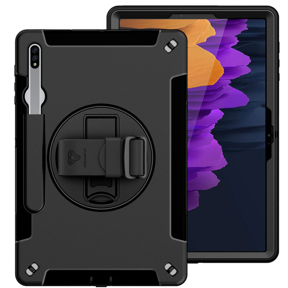 ARMOR-X Samsung Galaxy Tab S8+ S8 Plus SM-X800 X806 / S7+ / S7 FE Healthcare-ready medical-grade rugged case with disinfection-ready construction, MIL-STD-810H drop resistance, rainproof design, silicone hand strap, and kickstand.