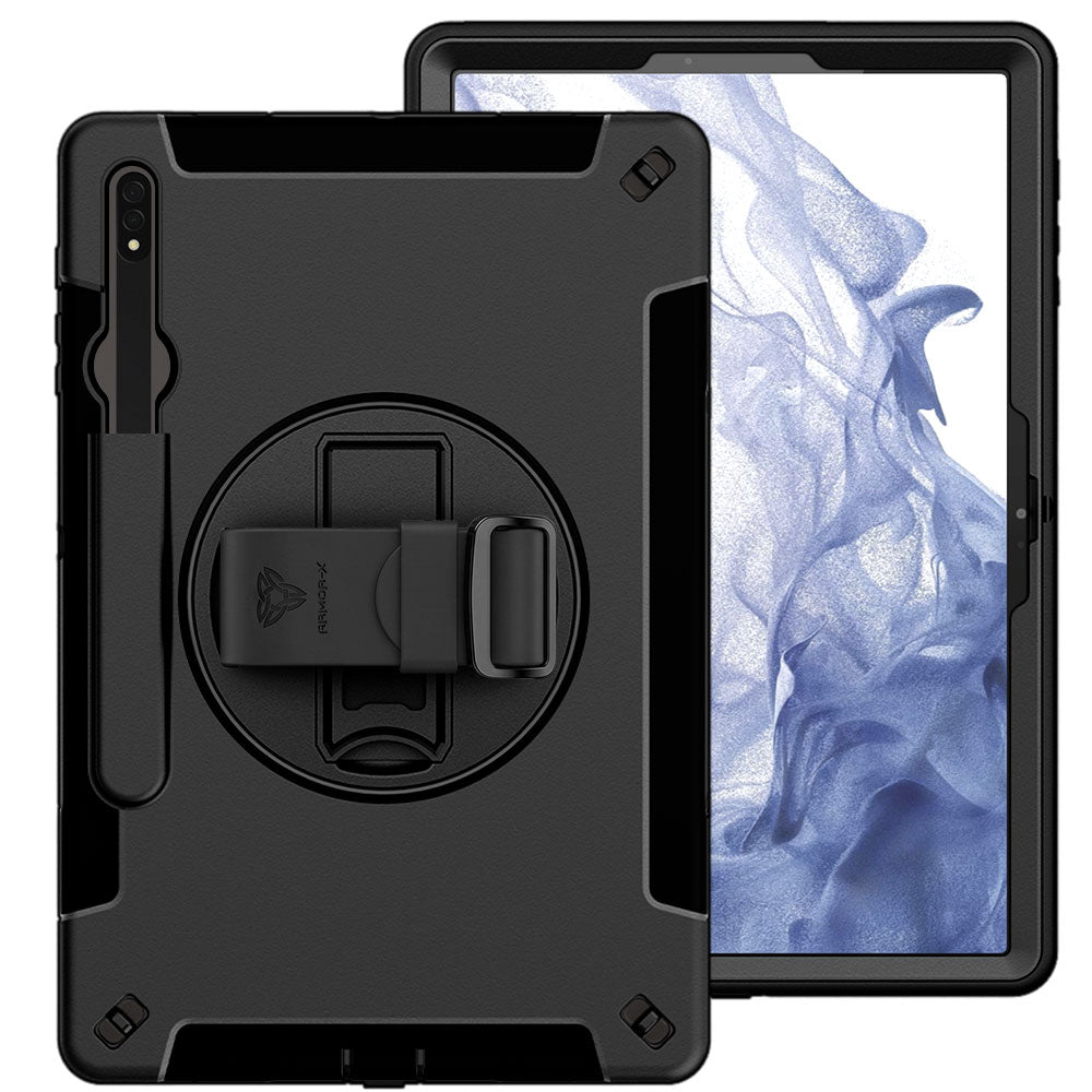 ARMOR-X Samsung Galaxy Tab S8+ S8 Plus SM-X800 X806 / S7+ / S7 FE Healthcare-ready medical-grade rugged case with disinfection-ready construction, MIL-STD-810H drop resistance, rainproof design, silicone hand strap, and kickstand.