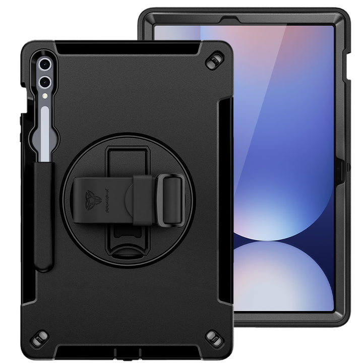ARMOR-X Samsung Galaxy Tab S10+ S10 Plus SM-X820 / X826 / X828 Healthcare-ready medical-grade rugged case with disinfection-ready construction, MIL-STD-810H drop resistance, rainproof design, silicone hand strap, and kickstand.